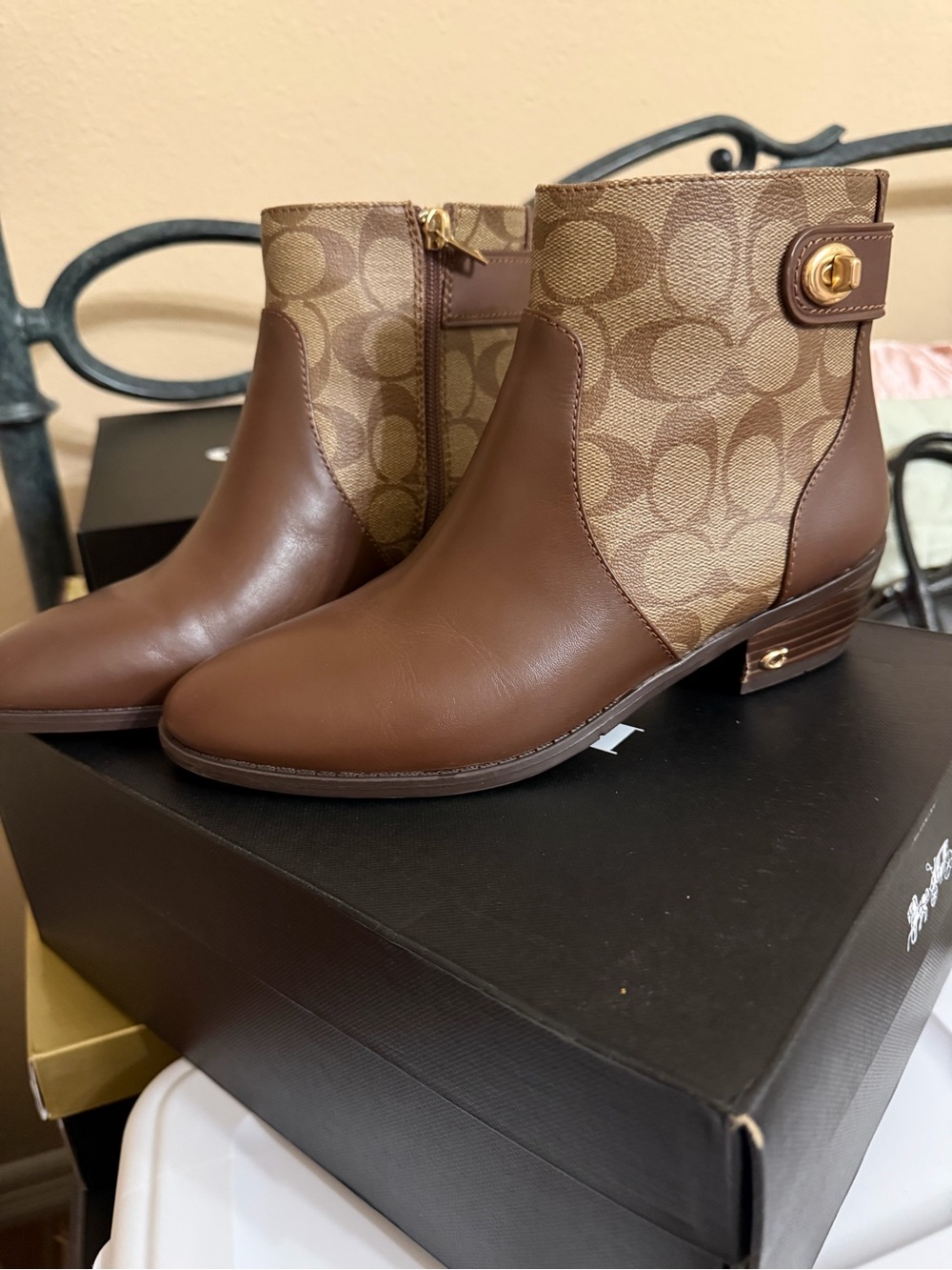 Coach Brown Leather & Signature Canvas Ankle Booties